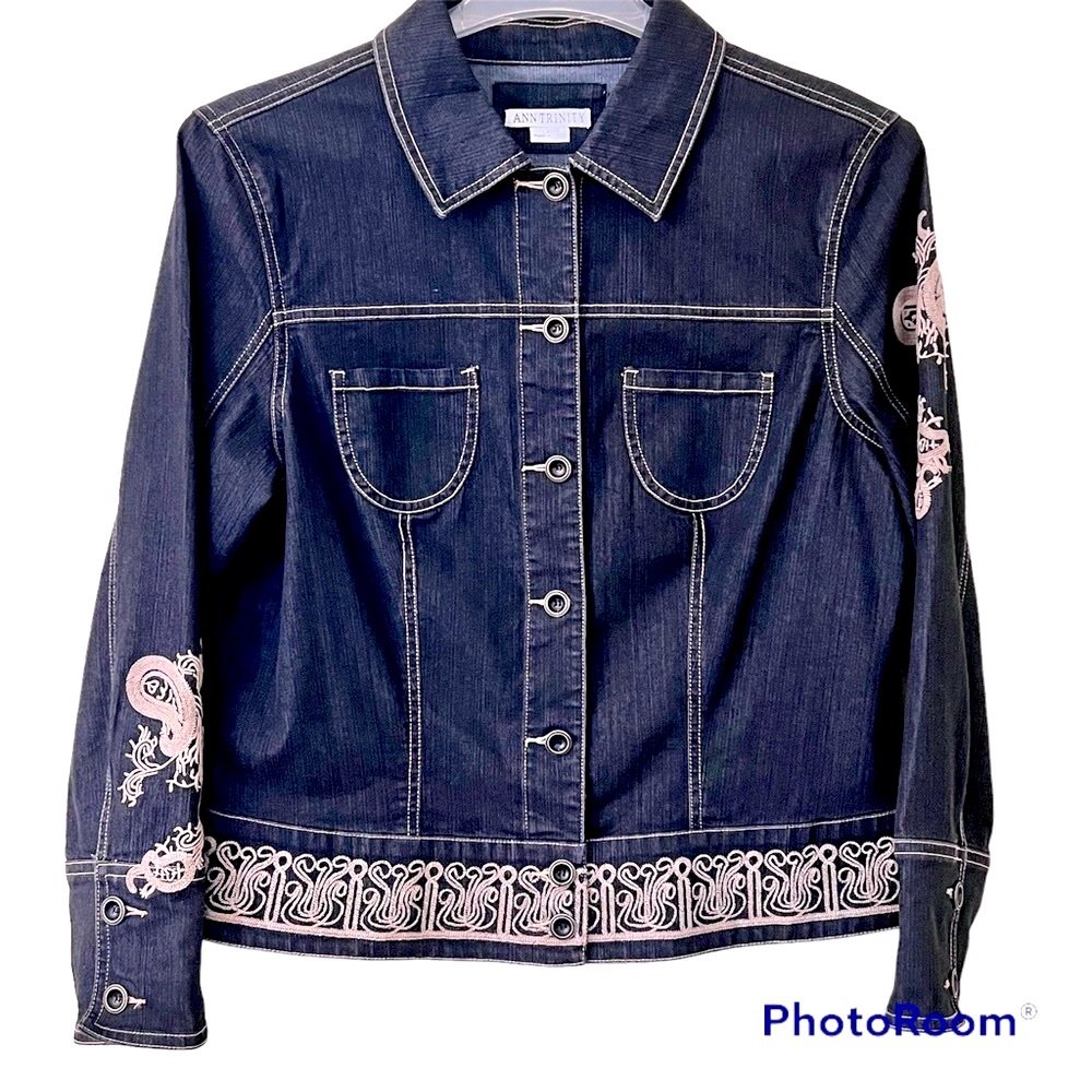 Ann Trinity Sz L Denim and Lace with Appliqués‎ and Trim Jean Jacket Vintage